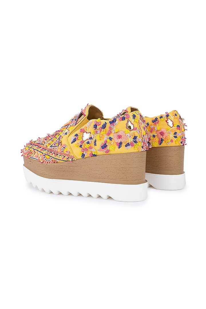 Yellow Poly Suede Embroidered Shoes by Anaar at Pernia's Pop Up Shop