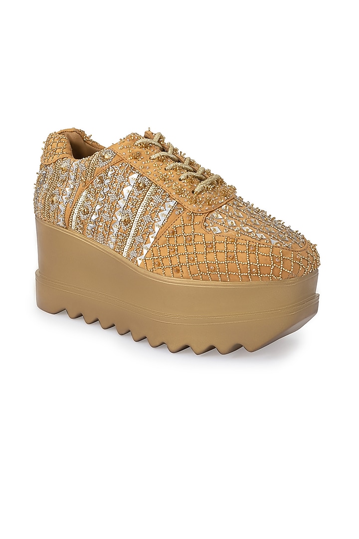 Gold Dutch Satin Embroidered Shoes by Anaar at Pernia's Pop Up Shop