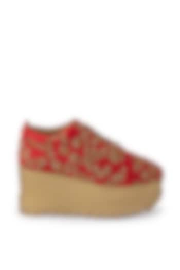 Red Dutch Satin Embroidered Shoes by Anaar at Pernia's Pop Up Shop
