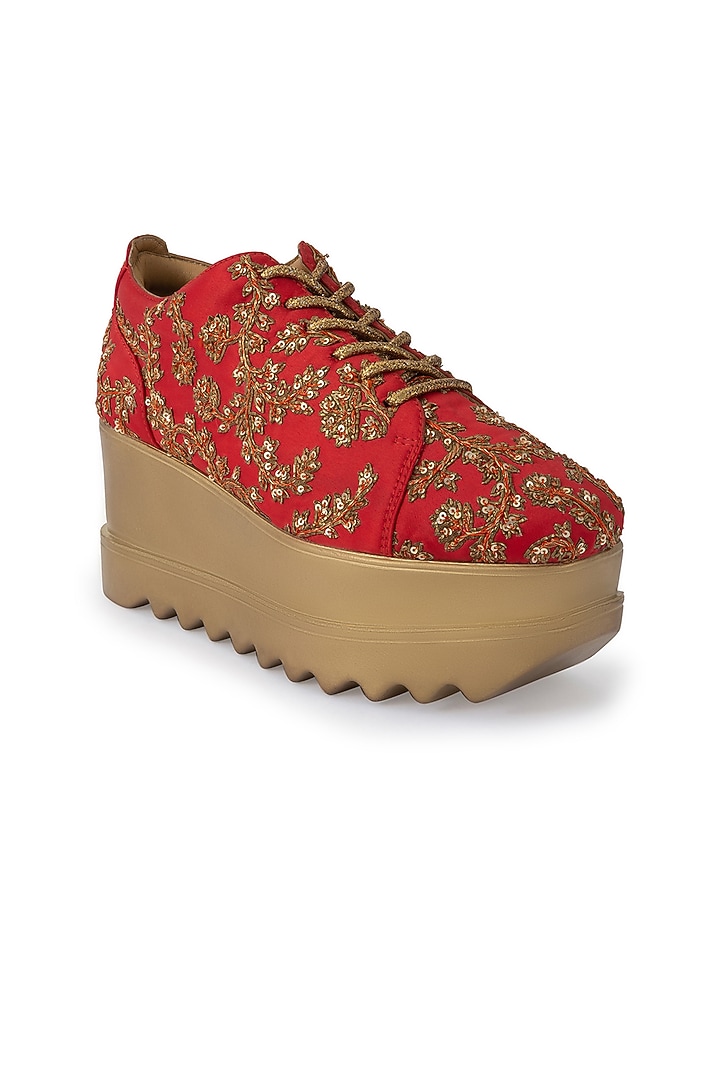 Red Dutch Satin Embroidered Shoes by Anaar at Pernia's Pop Up Shop