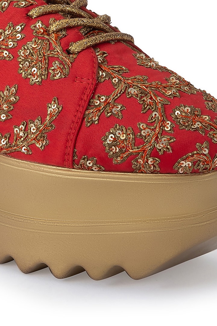 Red Dutch Satin Embroidered Shoes by Anaar at Pernia's Pop Up Shop