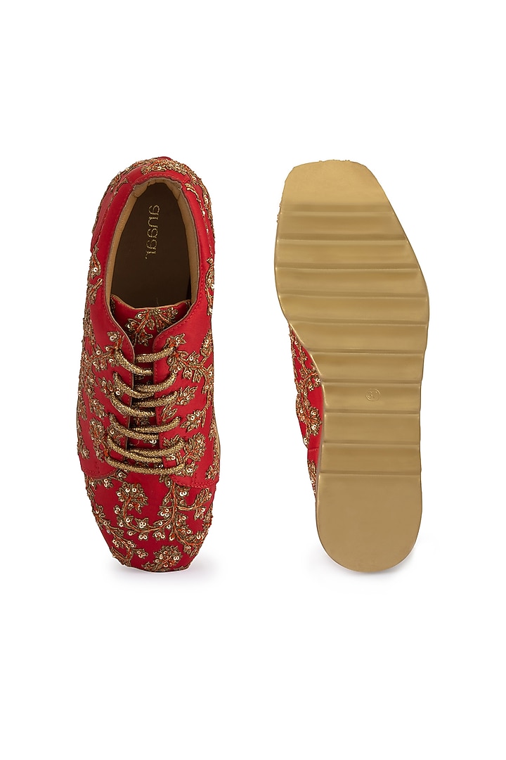 Red Dutch Satin Embroidered Shoes by Anaar at Pernia's Pop Up Shop