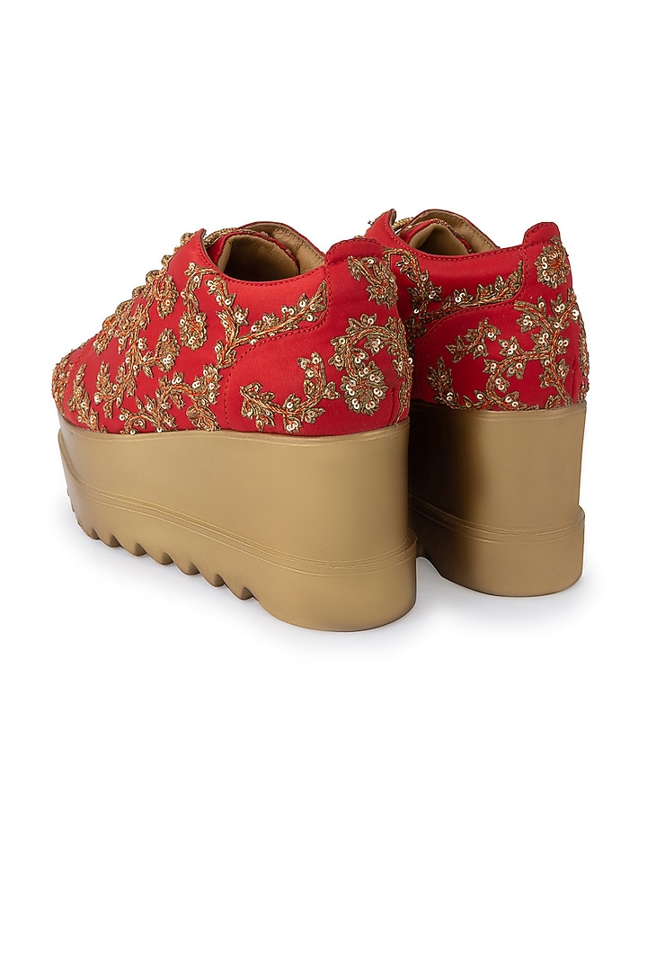 Red Dutch Satin Embroidered Shoes by Anaar at Pernia's Pop Up Shop
