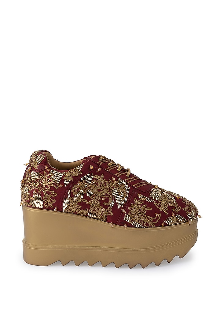 Maroon Satin Embroidered Shoes by Anaar at Pernia's Pop Up Shop