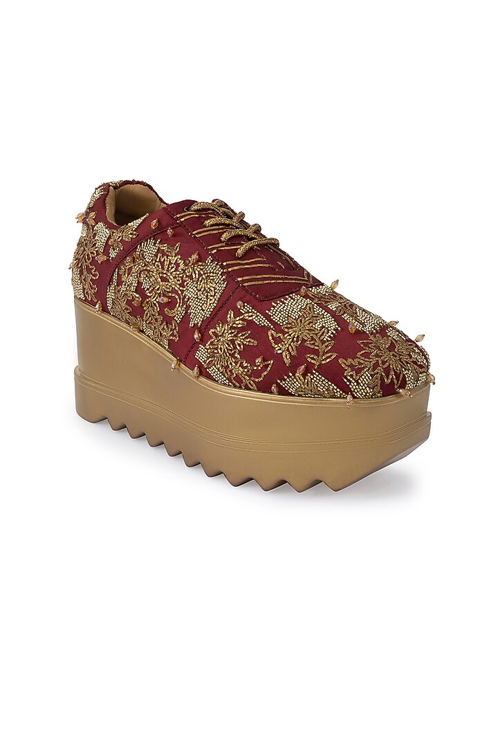 Maroon Satin Embroidered Shoes by Anaar at Pernia's Pop Up Shop