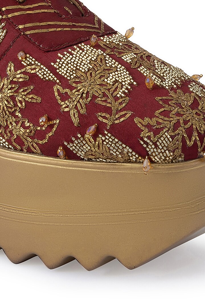 Maroon Satin Embroidered Shoes by Anaar at Pernia's Pop Up Shop