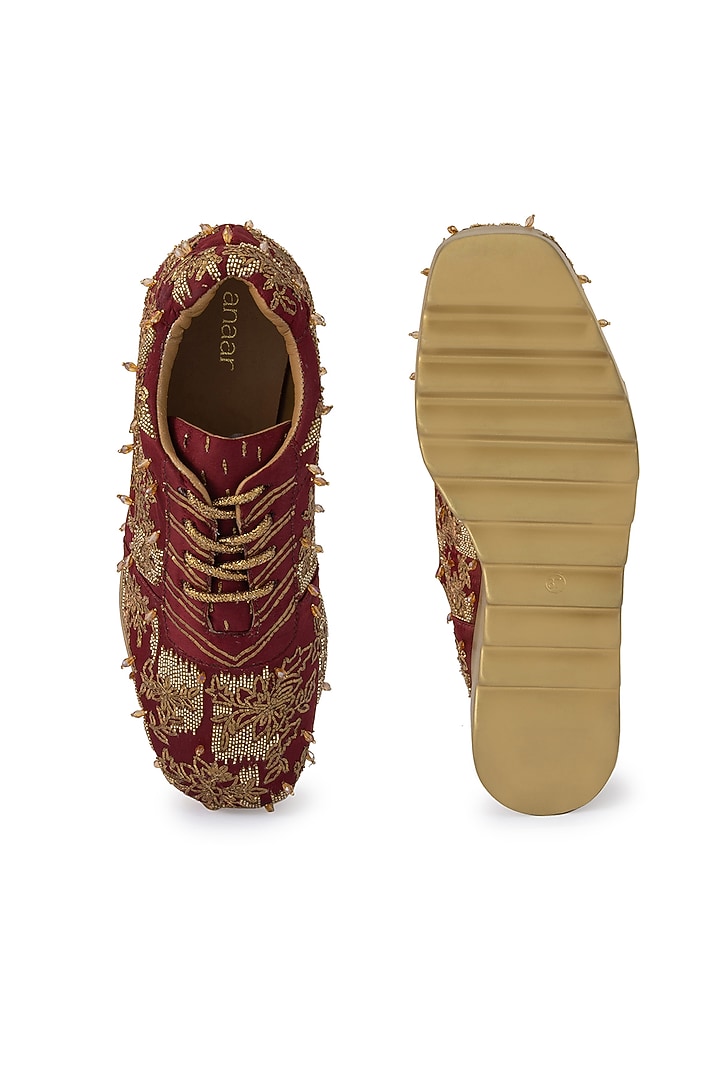 Maroon Satin Embroidered Shoes by Anaar at Pernia's Pop Up Shop