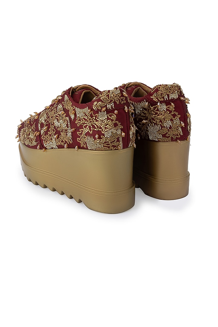 Maroon Satin Embroidered Shoes by Anaar at Pernia's Pop Up Shop
