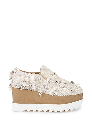 Beige Moss Crepe Embellishments Shoes by Anaar