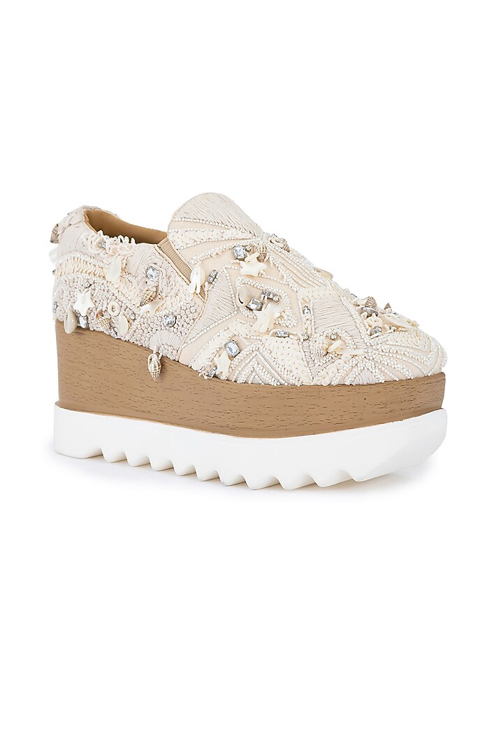 Beige Moss Crepe Embellishments Shoes by Anaar at Pernia's Pop Up Shop