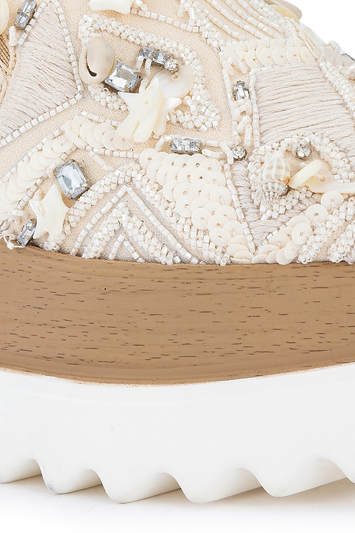 Beige Moss Crepe Embellishments Shoes by Anaar at Pernia's Pop Up Shop