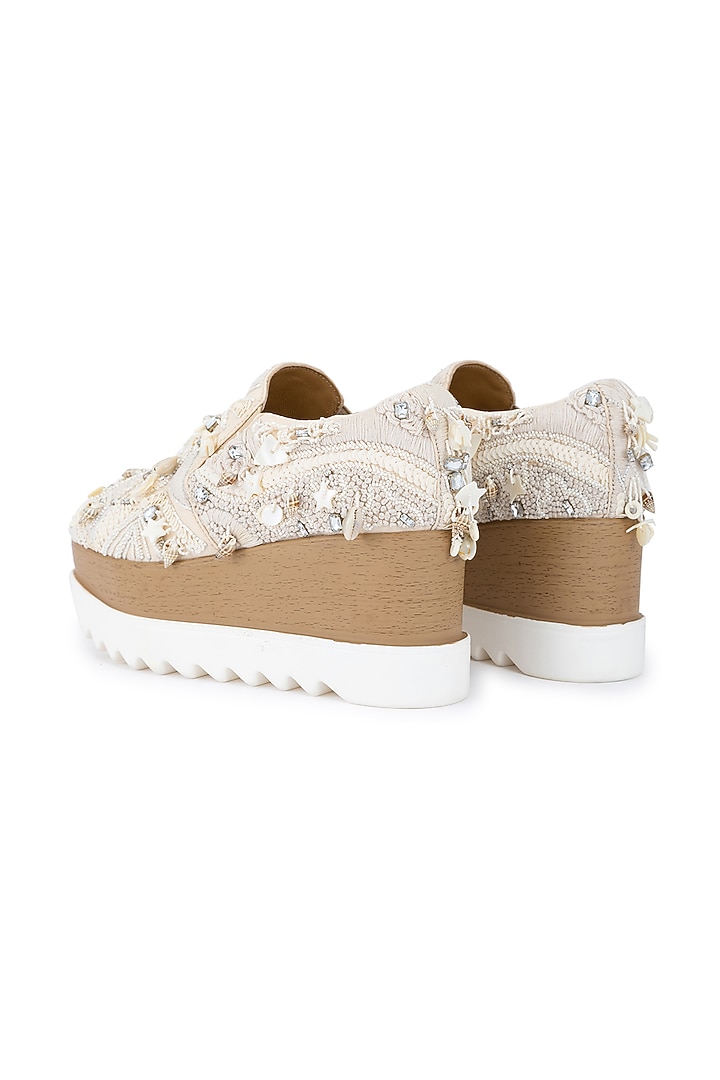Beige Moss Crepe Embellishments Shoes by Anaar at Pernia's Pop Up Shop