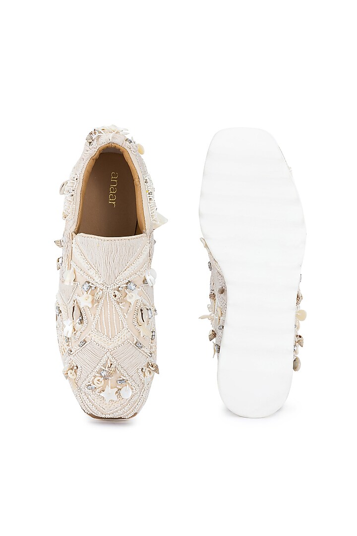Beige Moss Crepe Embellishments Shoes by Anaar at Pernia's Pop Up Shop