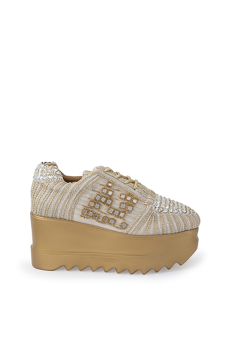 Gold Striped Chiffon Embroidered Shoes by Anaar