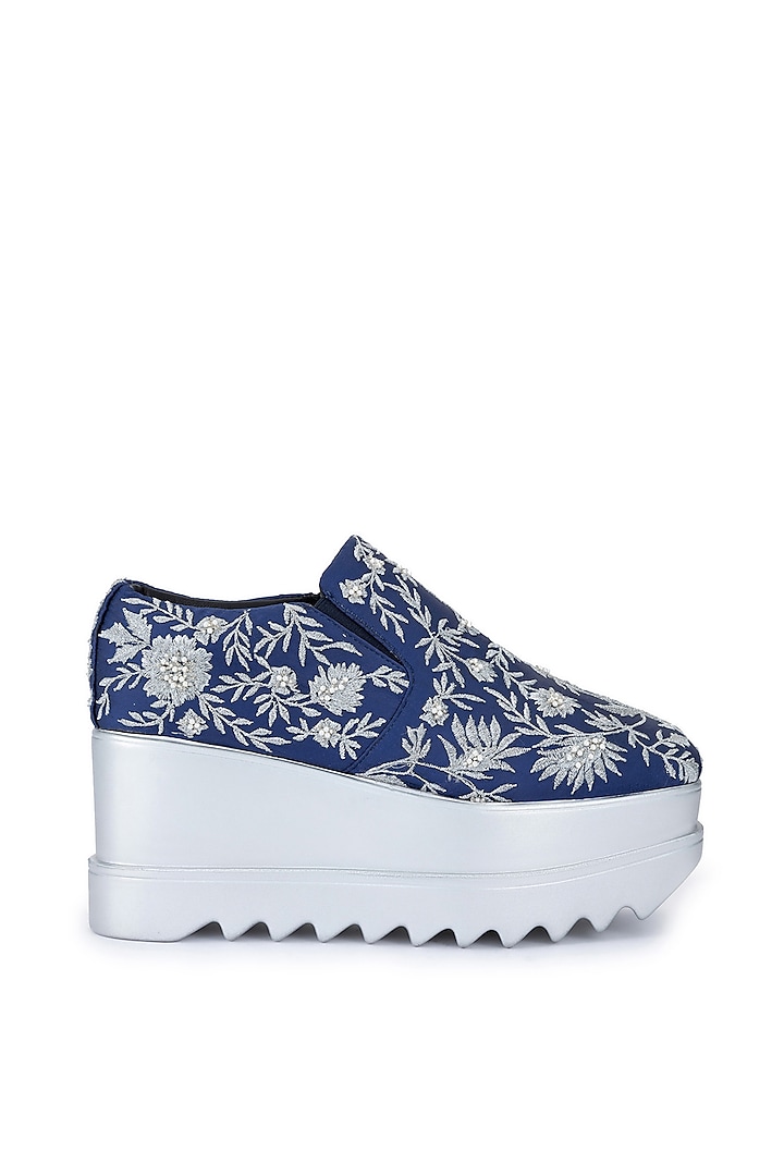 Blue Satin Embroidered Shoes by Anaar