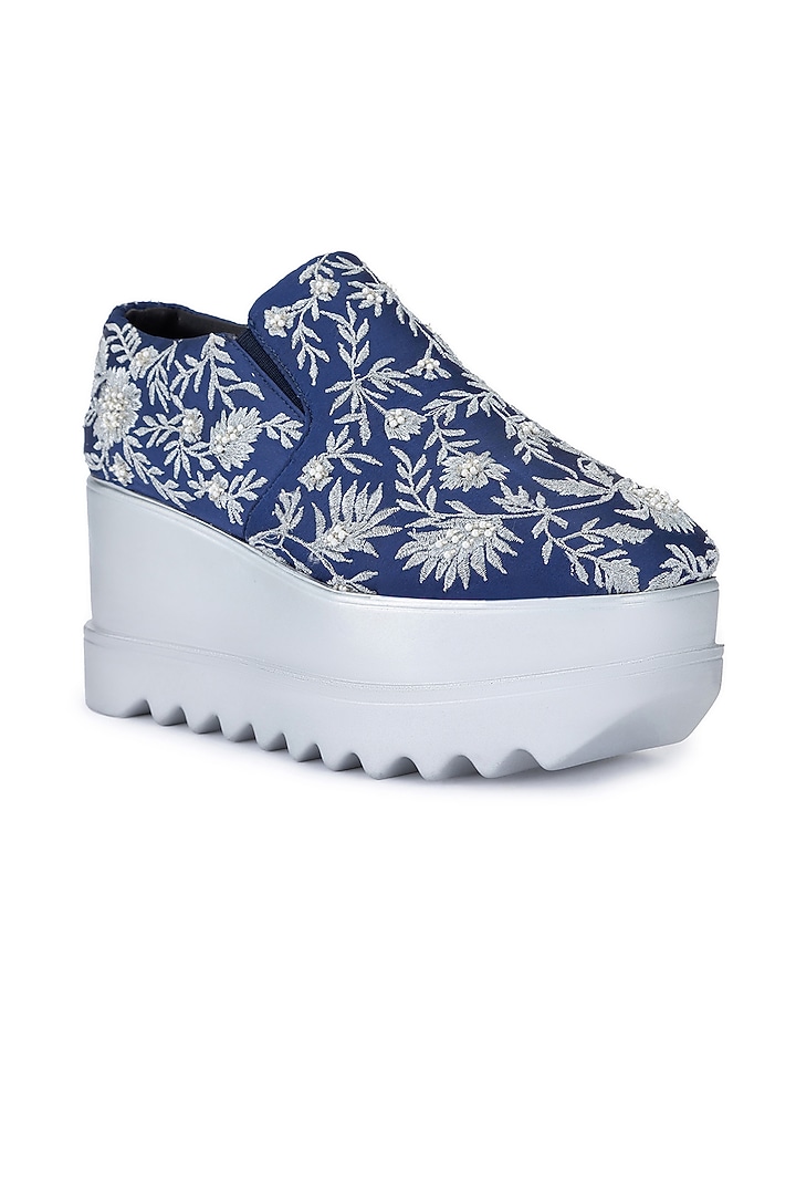 Blue Satin Embroidered Shoes by Anaar at Pernia's Pop Up Shop