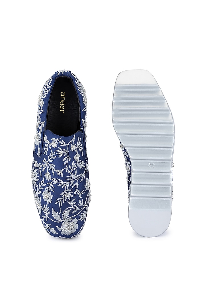 Blue Satin Embroidered Shoes by Anaar at Pernia's Pop Up Shop