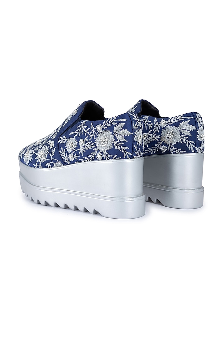 Blue Satin Embroidered Shoes by Anaar at Pernia's Pop Up Shop