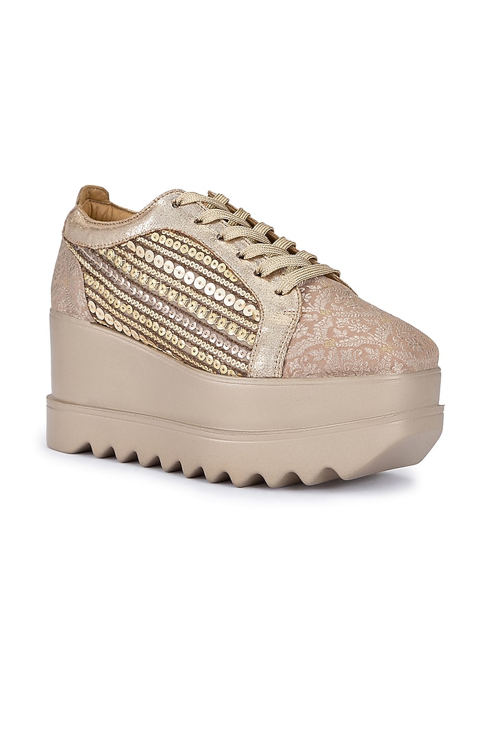 Rose Gold PU Embroidered Shoes by Anaar at Pernia's Pop Up Shop
