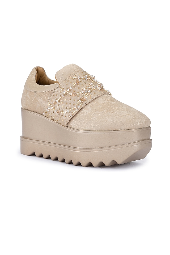 Rose Gold Satin Embellished Shoes by Anaar at Pernia's Pop Up Shop