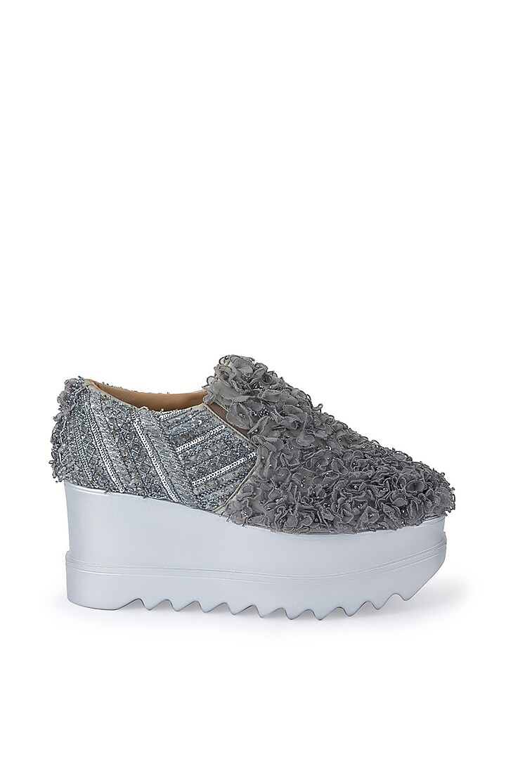 Grey Organza & Dutch Satin Embroidered Shoes by Anaar at Pernia's Pop Up Shop