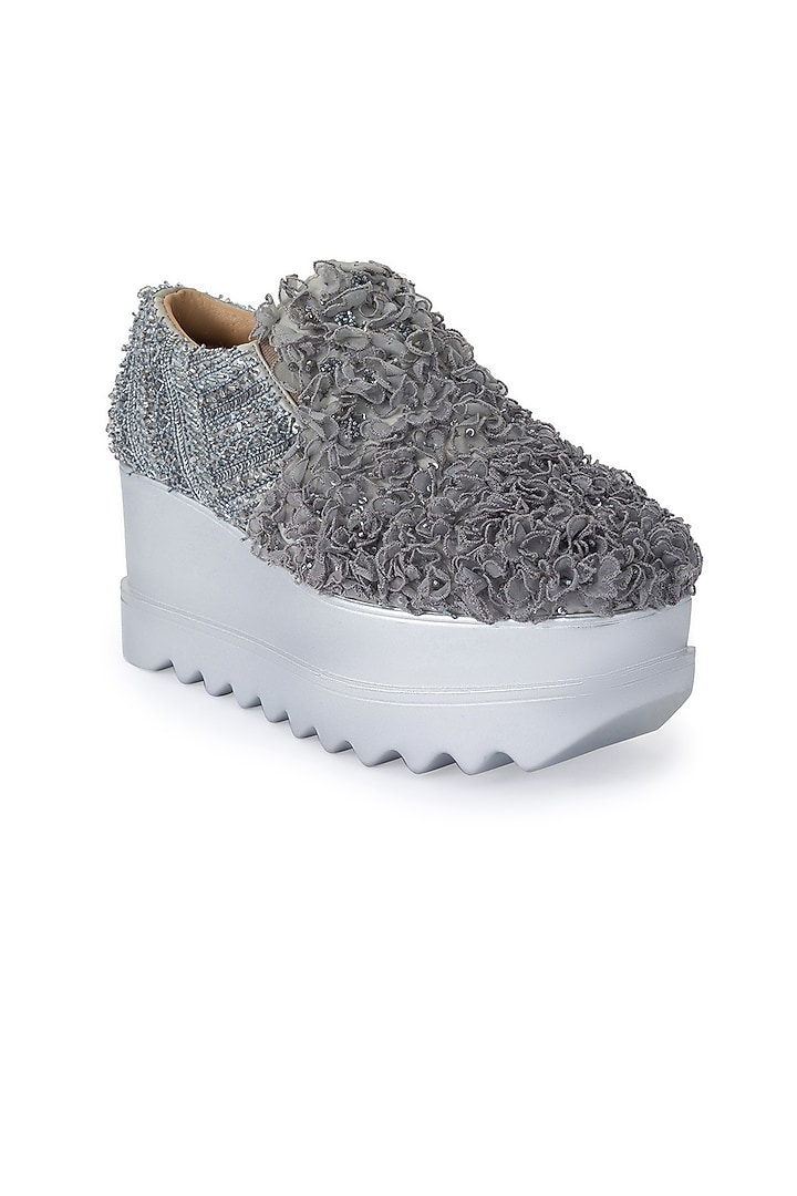 Grey Organza & Dutch Satin Embroidered Shoes by Anaar at Pernia's Pop Up Shop