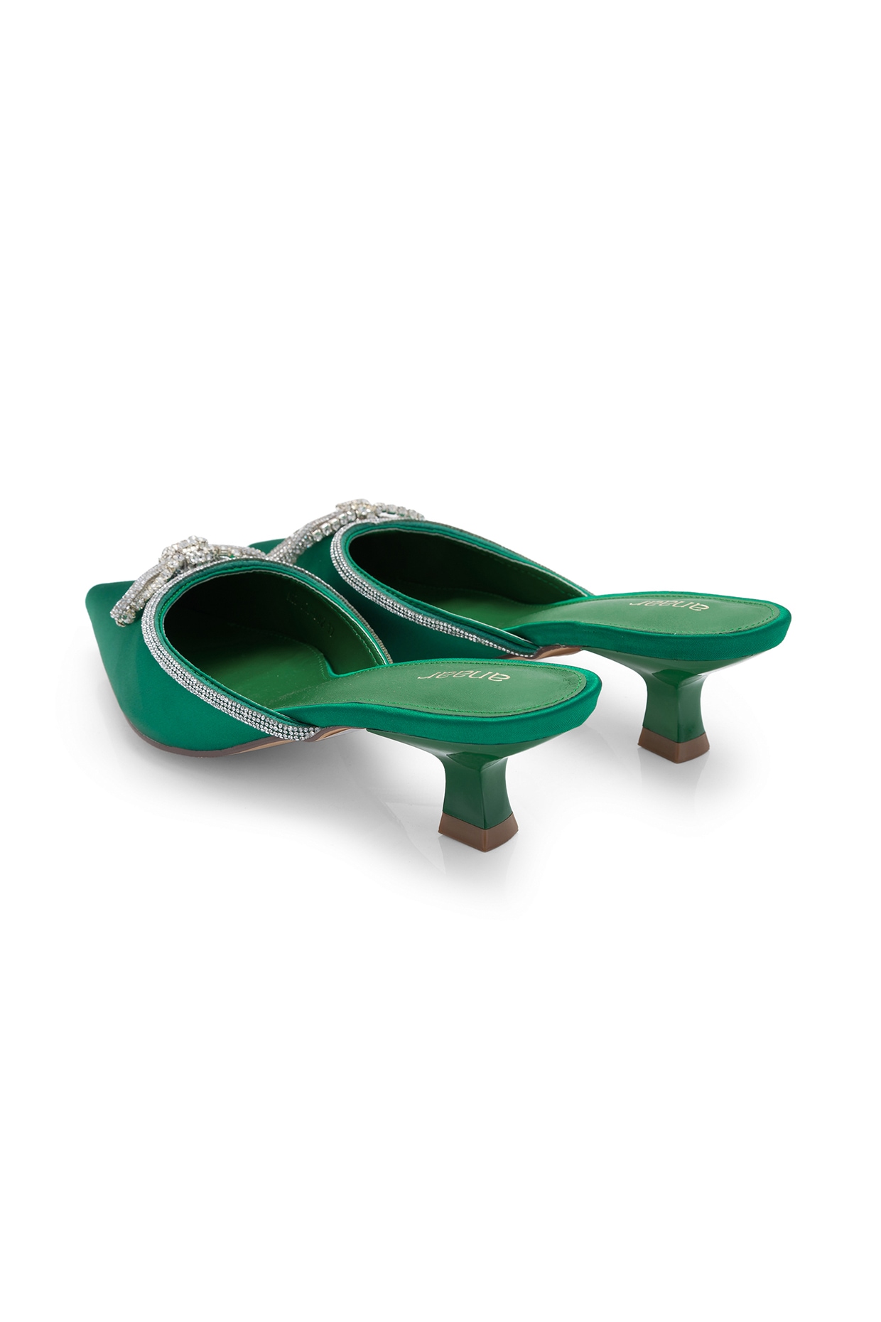 Dark Green Satin Embellished Heels by Anaar at Pernia s Pop Up Shop 2024