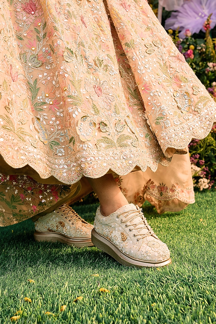 Beige Jute Sequins Embellished Sneakers by Anaar at Pernia's Pop Up Shop