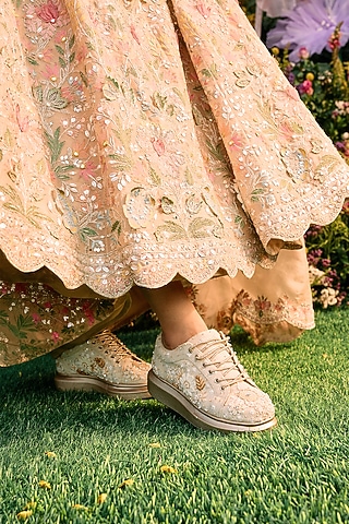 Beige Jute Sequins Embellished Sneakers by Anaar