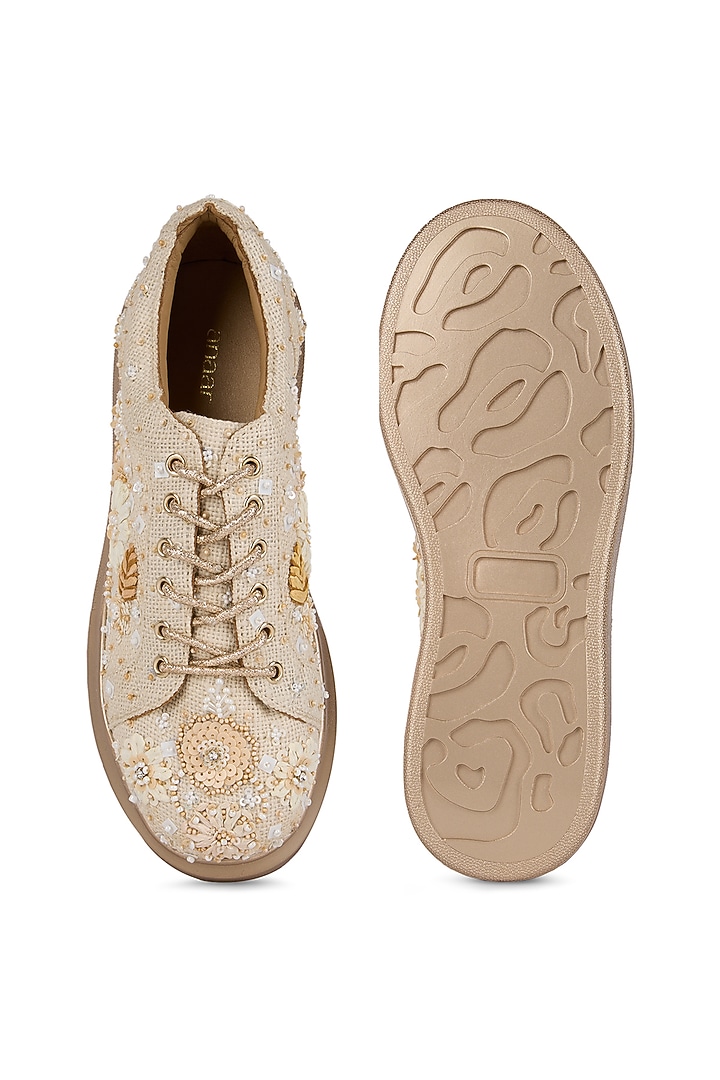 Beige Jute Sequins Embellished Sneakers by Anaar at Pernia's Pop Up Shop