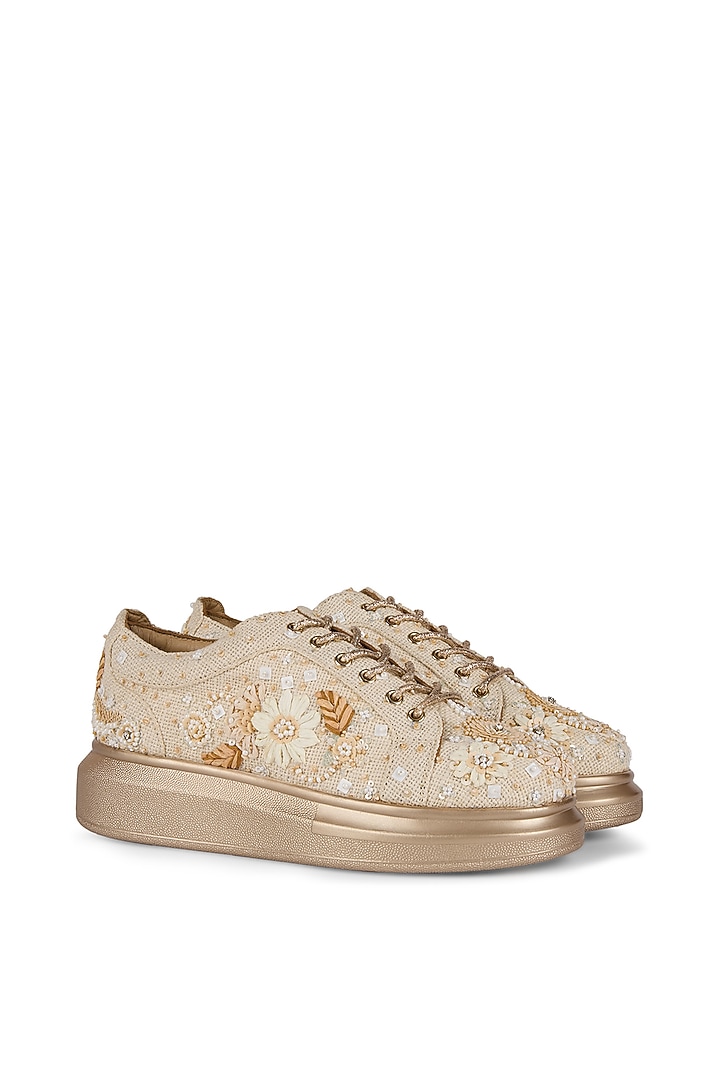 Beige Jute Sequins Embellished Sneakers by Anaar at Pernia's Pop Up Shop