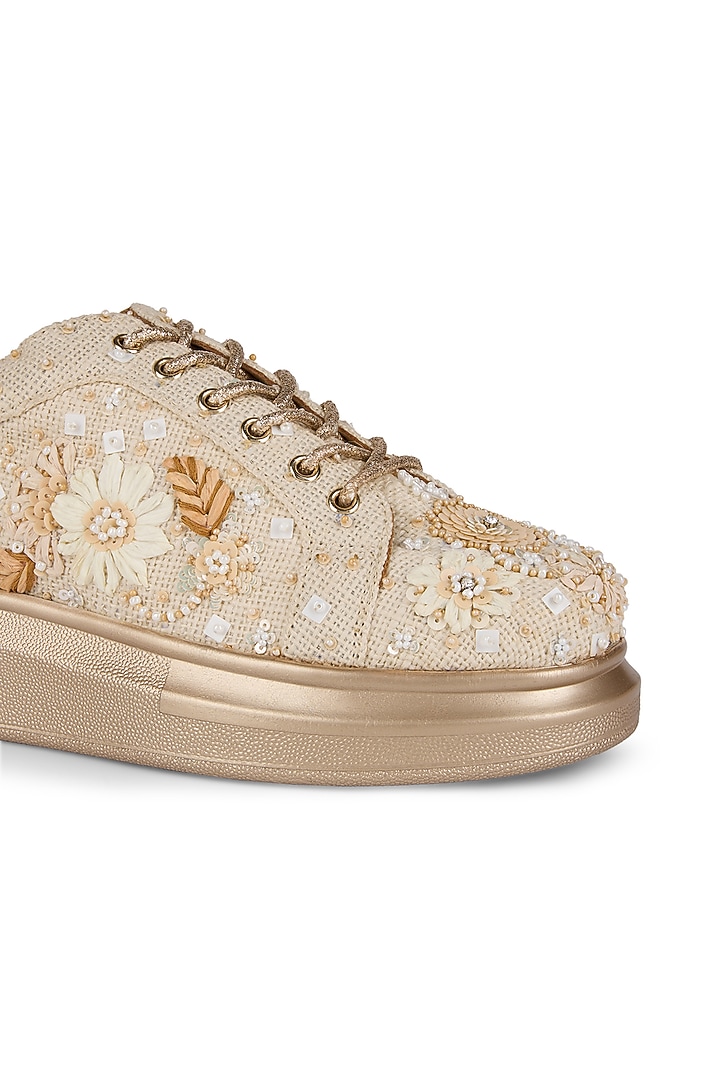 Beige Jute Sequins Embellished Sneakers by Anaar at Pernia's Pop Up Shop