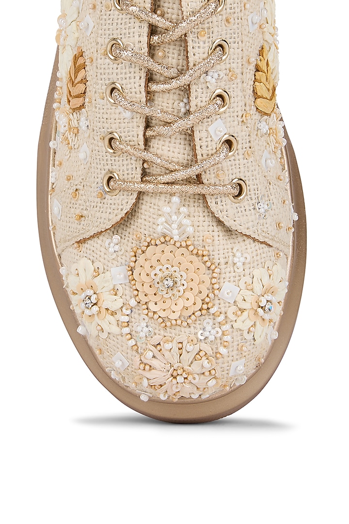 Beige Jute Sequins Embellished Sneakers by Anaar at Pernia's Pop Up Shop