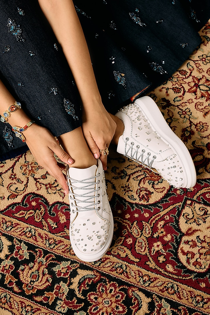 White Faux Leather Sneakers by Anaar at Pernia's Pop Up Shop