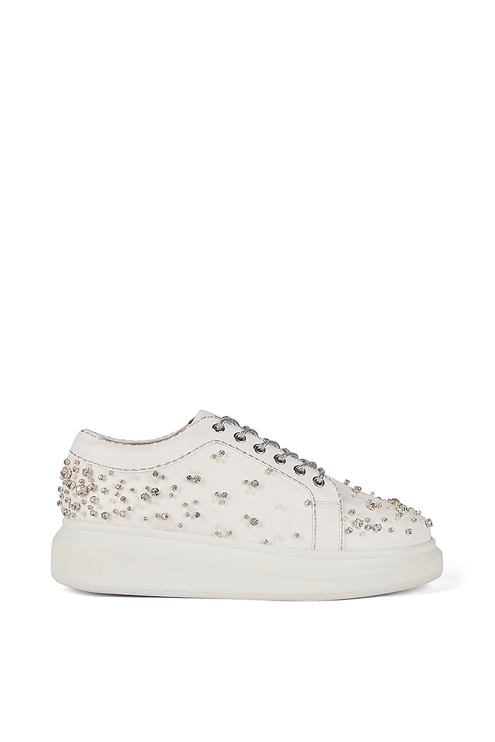 White Faux Leather Sneakers by Anaar at Pernia's Pop Up Shop