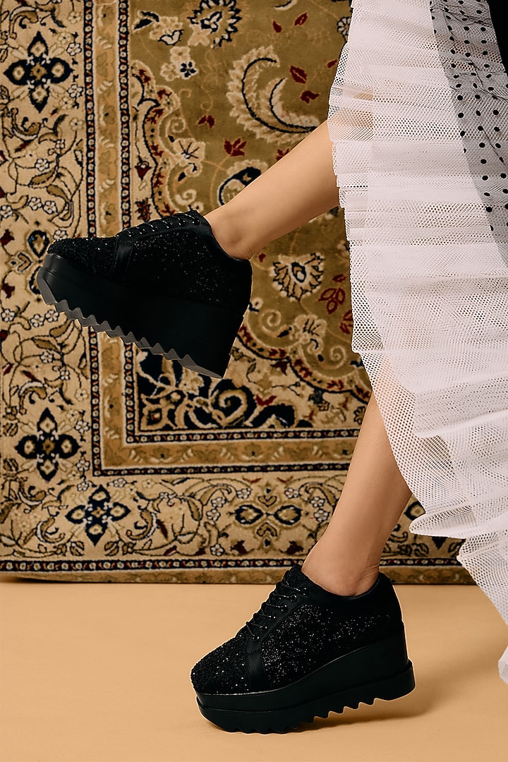 Black Satin & Lace Cutdana Embroidered Sneakers by Anaar at Pernia's Pop Up Shop