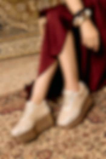 Beige Crepe Sneakers by Anaar at Pernia's Pop Up Shop