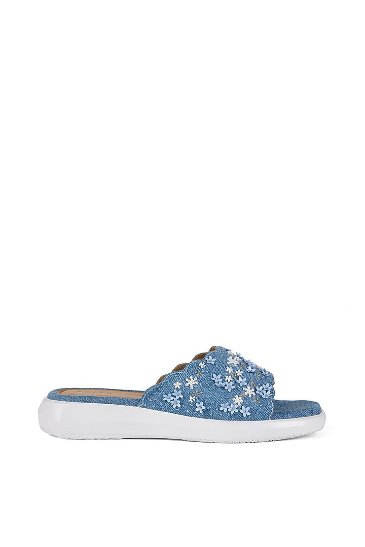 Blue Denim Floral Embroidered Heels by Anaar at Pernia's Pop Up Shop