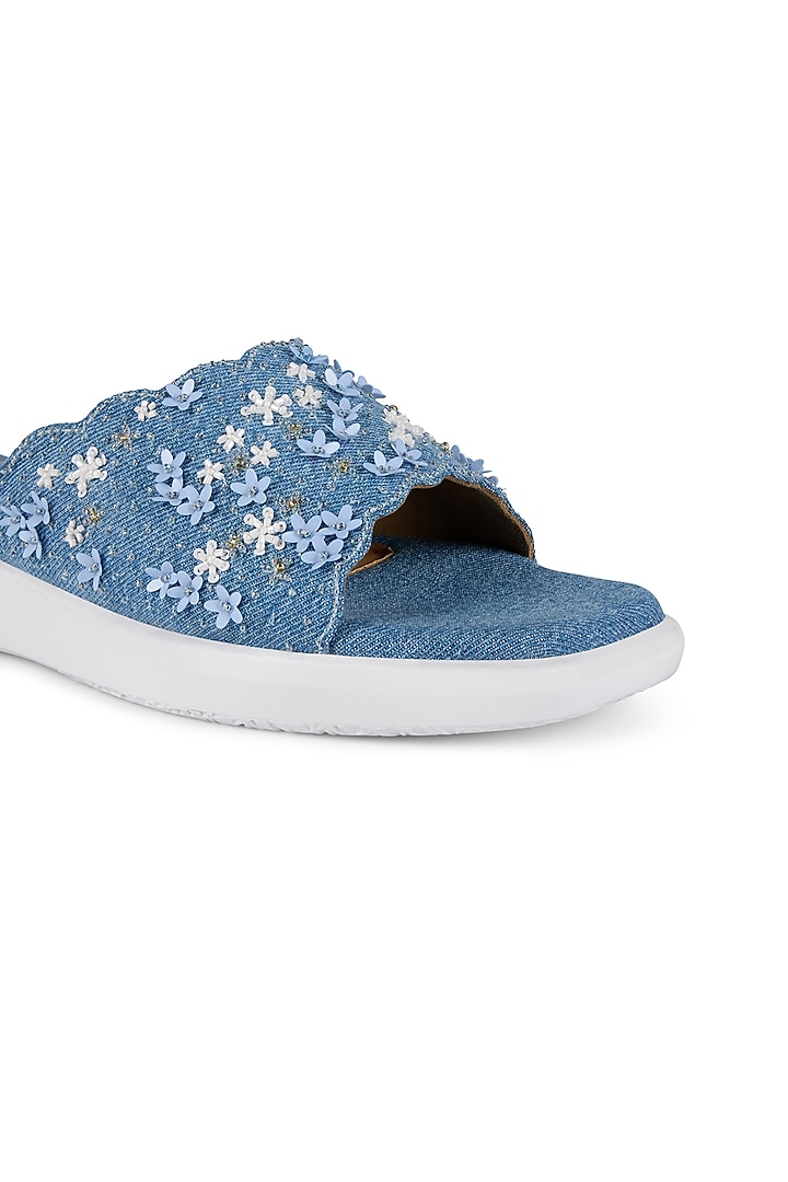 Blue Denim Floral Embroidered Heels by Anaar at Pernia's Pop Up Shop