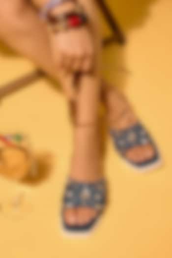 Navy Denim Floral Embroidered Heels by Anaar at Pernia's Pop Up Shop