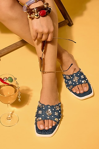 Navy Denim Floral Embroidered Heels by Anaar