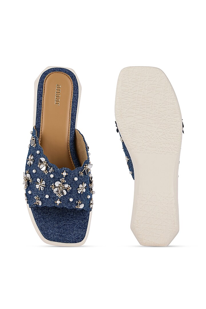 Navy Denim Floral Embroidered Heels by Anaar at Pernia's Pop Up Shop