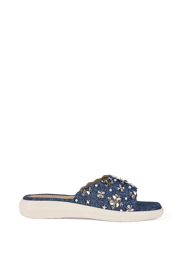 Navy Denim Floral Embroidered Heels by Anaar at Pernia's Pop Up Shop