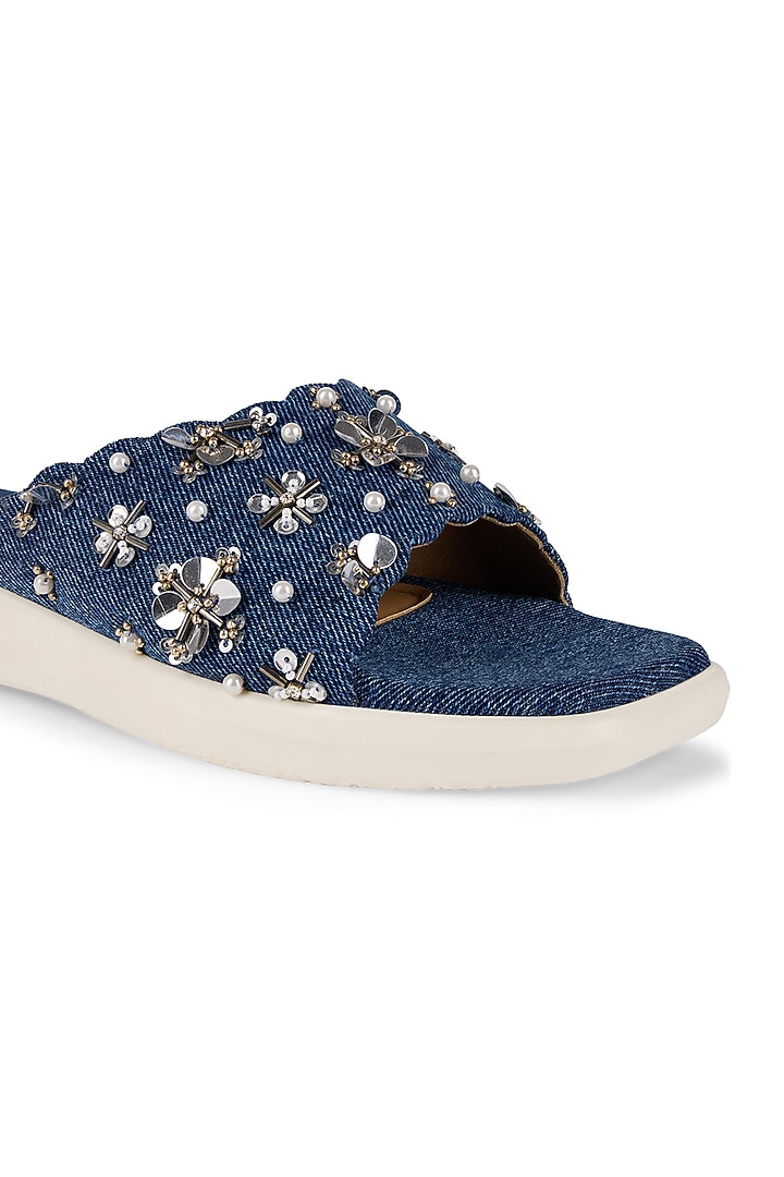 Navy Denim Floral Embroidered Heels by Anaar at Pernia's Pop Up Shop