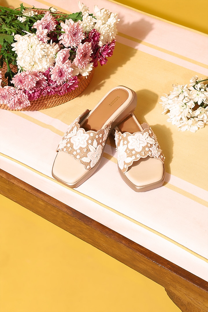 Brown Jute Floral Sequins Embroidered Heels by Anaar at Pernia's Pop Up Shop