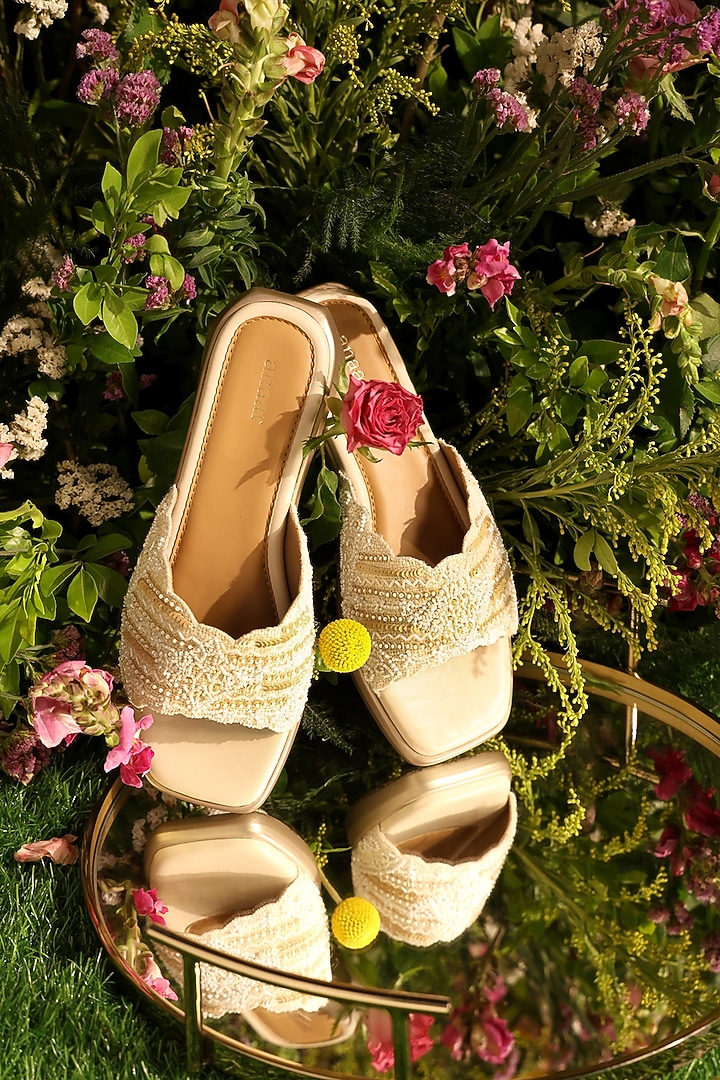 Beige Jute Sequins Embellished Heels by Anaar at Pernia's Pop Up Shop