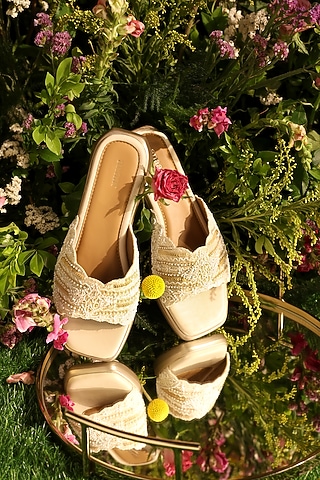 Beige Jute Sequins Embellished Heels by Anaar