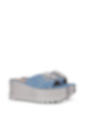 Blue Denim Embellished Wedges by Anaar at Pernia's Pop Up Shop