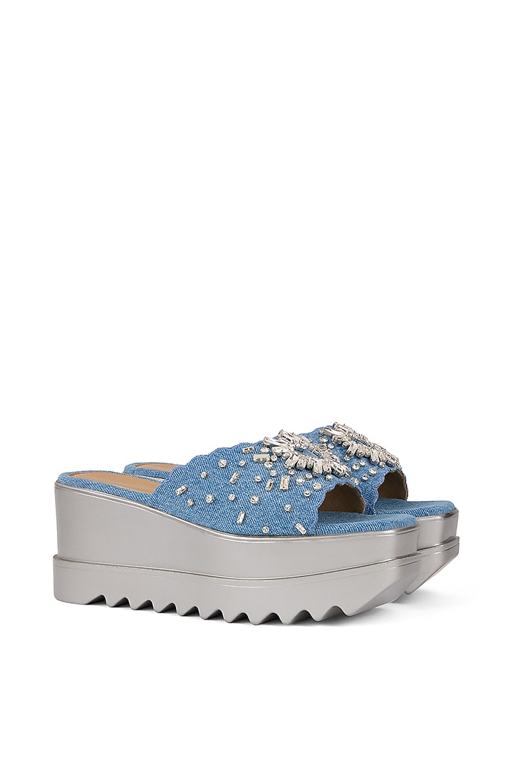 Blue Denim Embellished Wedges by Anaar at Pernia's Pop Up Shop