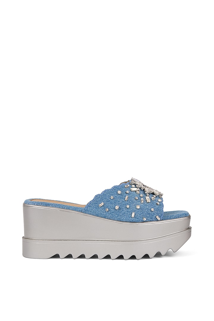 Blue Denim Embellished Wedges by Anaar at Pernia's Pop Up Shop